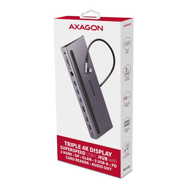 AXAGON HMC-4KX3 USB 5Gbps húb, 3x USB-A, 2x HDMI, DP, RJ-45, SD/ microSD, audio, PD 100W, kábel 40cm 