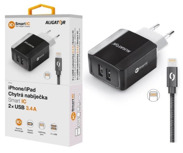 Múdra sieťová nabíjačka ALIGATOR 3.4A, 2xUSB, smart IC, čierna, kábel pre iPhone/ iPad 2A