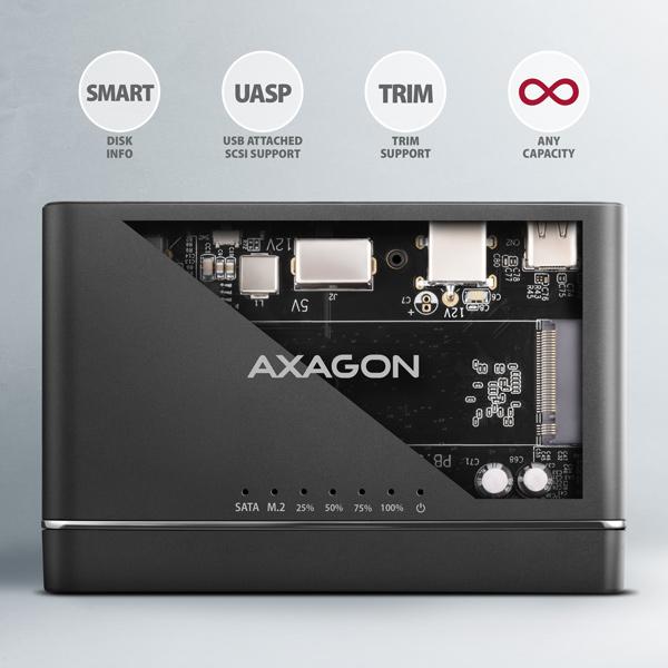 AXAGON ADSA-CC USB-C 10 Gbps - NVMe M.2 SSD & SATA 2.5"/ 3.5" SSD/ HDD CLONE MASTER 2 