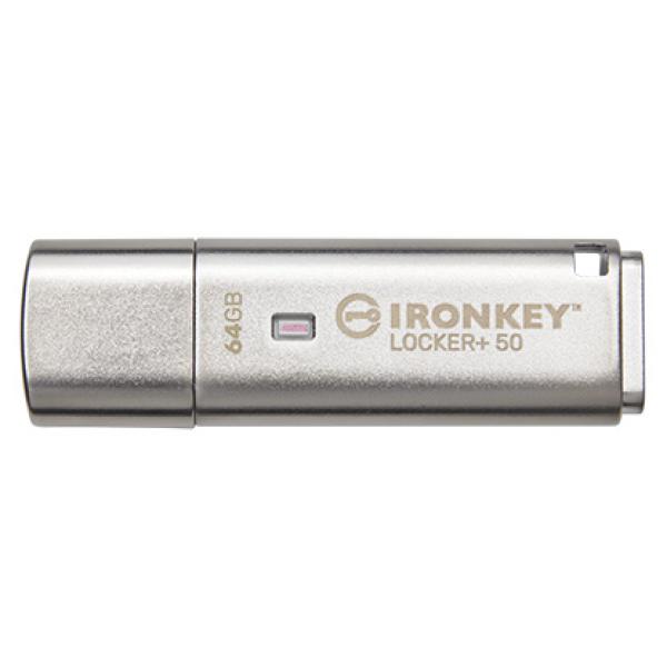 Kingston IronKey Locker+ 50/ 64GB/ 145MBps/ USB 3.1/ USB-A/ Stříbrná