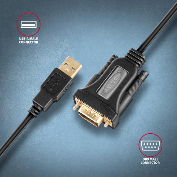 AXAGON ADS-1PQN, USB-A 2.0 - sériový RS-232 DB9-M FTDI adaptér / kábel 1.5m 