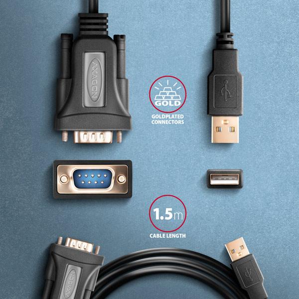 AXAGON ADS-1PQN, USB-A 2.0 - sériový RS-232 DB9-M FTDI adaptér / kábel 1.5m 