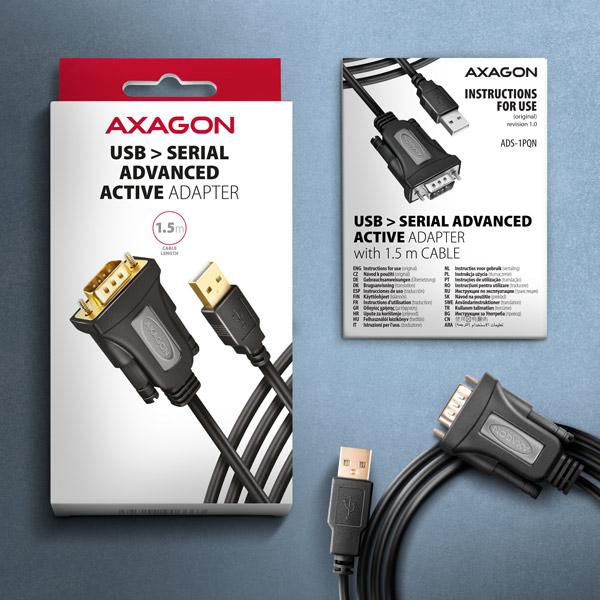 AXAGON ADS-1PQN, USB-A 2.0 - sériový RS-232 DB9-M FTDI adaptér / kábel 1.5m 