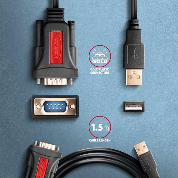 AXAGON ADS-1PSN, USB-A 2.0 - sériový RS-232 DB9-M Prolific adaptér / kábel 1.5m 