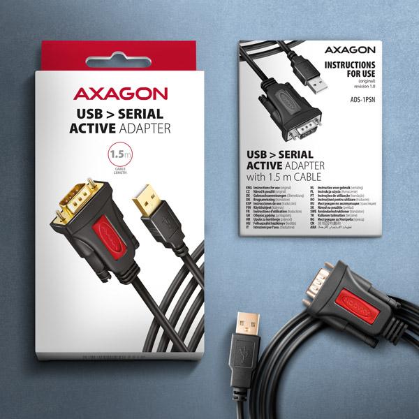 AXAGON ADS-1PSN, USB-A 2.0 - sériový RS-232 DB9-M Prolific adaptér / kábel 1.5m 