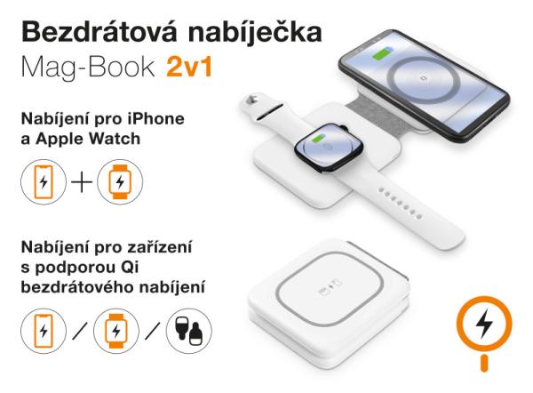 Bezdrôtová nabíjačka ALIGATOR Mag-Book 2v1, určené pre MagSafe a nabíjanie Apple Watch, 15W, biela 