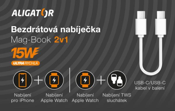 Bezdrôtová nabíjačka ALIGATOR Mag-Book 2v1, určené pre MagSafe a nabíjanie Apple Watch, 15W, biela 