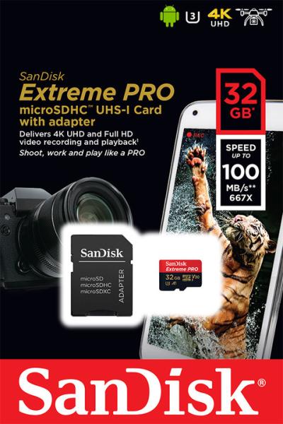 SanDisk Extreme PRO/ micro SDHC/ 32GB/ 100MBps/ UHS-I U3 / Class 10/ + Adaptér 