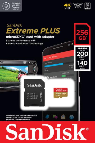 SanDisk Extreme PLUS/ micro SDXC/ 256GB/ UHS-I U3/ Class 10/ + Adaptér 