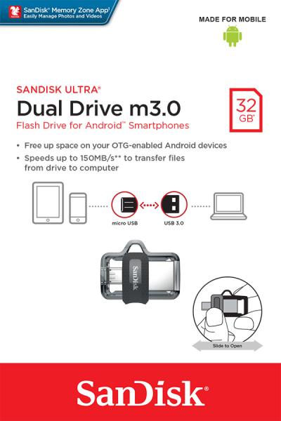 SanDisk Ultra Dual Drive M3/ 32GB/ 150MBps/ USB 3.0/ Micro USB + USB-A 
