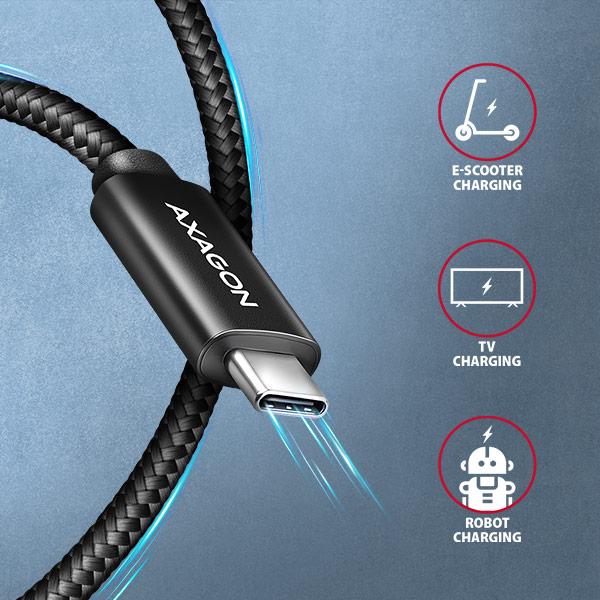 AXAGON BUCM2-CM30AB, CHARGE kábel USB-C <-> USB-C, 3m, Hi-Speed ??USB, PD 240W 5A, ALU, oplet, čierny 