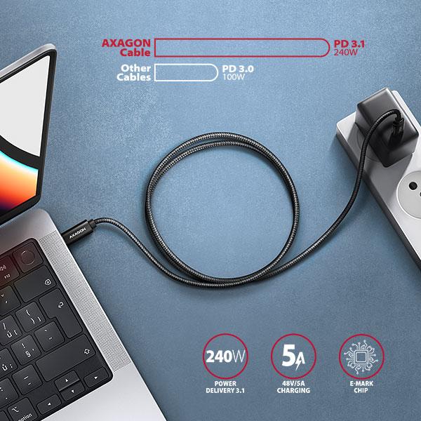 AXAGON BUCM2-CM25AB, CHARGE kabel USB-C <-> USB-C, 2.5m, Hi-Speed USB, PD 240W 5A, ALU, oplet, černý 