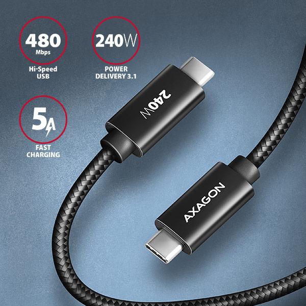 AXAGON BUCM2-CM20AB, CHARGE kábel USB-C <-> USB-C, 2m, Hi-Speed USB, PD 240W 5A, ALU, oplet, čierny 