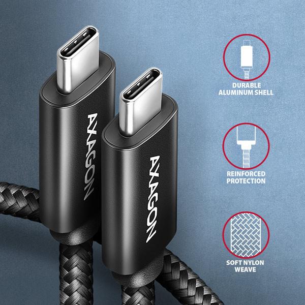 AXAGON BUCM2-CM20AB, CHARGE kábel USB-C <-> USB-C, 2m, Hi-Speed USB, PD 240W 5A, ALU, oplet, čierny 