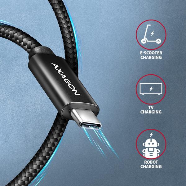 AXAGON BUCM2-CM20AB, CHARGE kábel USB-C <-> USB-C, 2m, Hi-Speed USB, PD 240W 5A, ALU, oplet, čierny 