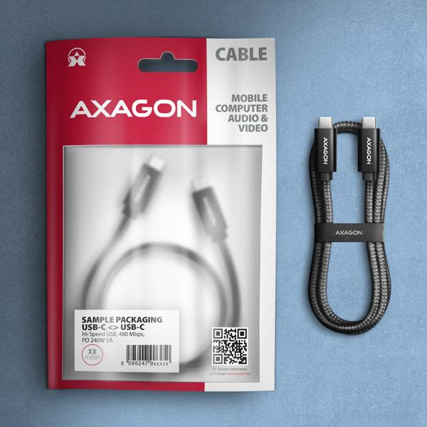 AXAGON BUCM2-CM25AB, CHARGE kabel USB-C <-> USB-C, 2.5m, Hi-Speed USB, PD 240W 5A, ALU, oplet, černý 