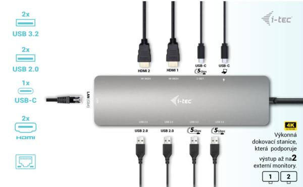 i-tec USB-C Metal Nano 2x HDMI Docking Station, PD 100W 