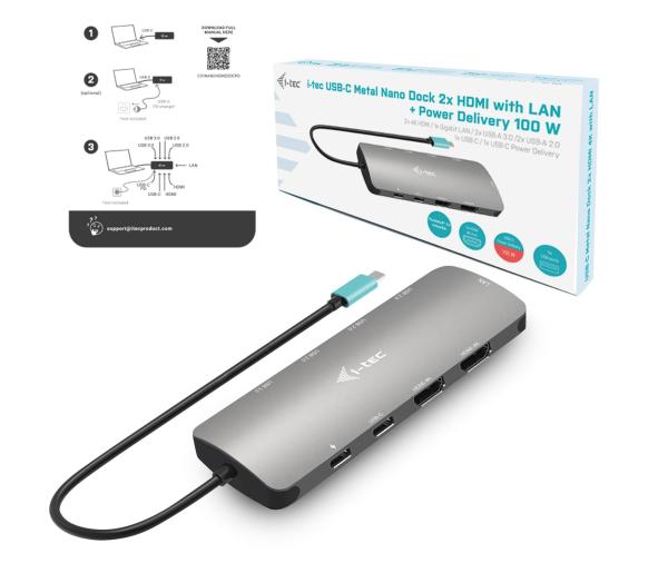 i-tec USB-C Metal Nano 2x HDMI Docking Station, PD 100W 