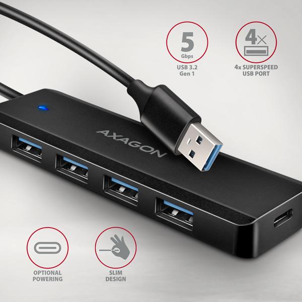 AXAGON HUE-C1A, 4x USB 5Gbps TRAVEL hub, USB-C napájací konektor, kábel USB-A 19cm 