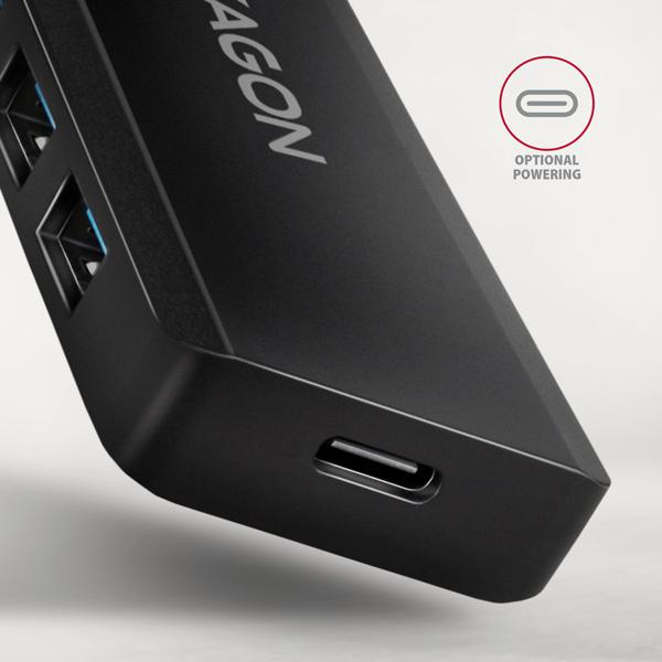 AXAGON HUE-C1A, 4x USB 5Gbps TRAVEL hub, USB-C napájací konektor, kábel USB-A 19cm 