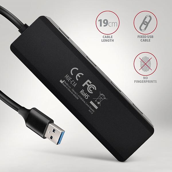 AXAGON HUE-C1A, 4x USB 5Gbps TRAVEL hub, USB-C napájací konektor, kábel USB-A 19cm 