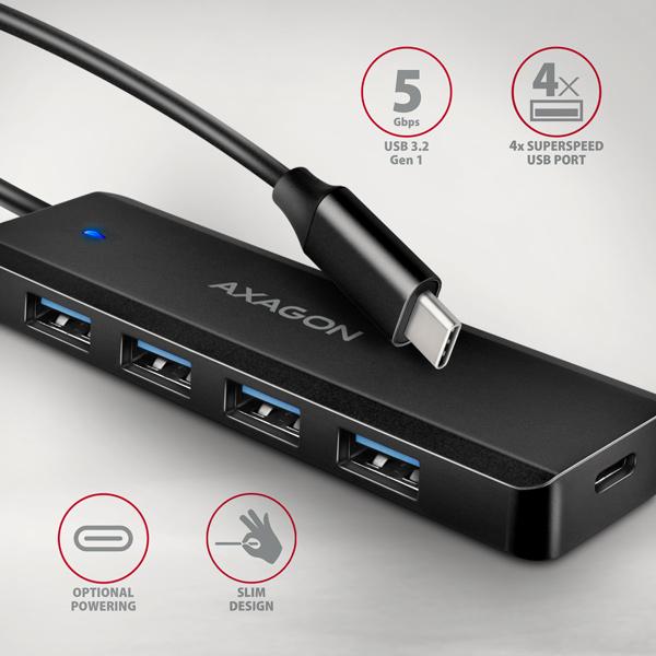 AXAGON HUE-C1C, 4x USB 5Gbps TRAVEL hub, USB-C napájací konektor, kábel USB-C 19cm 