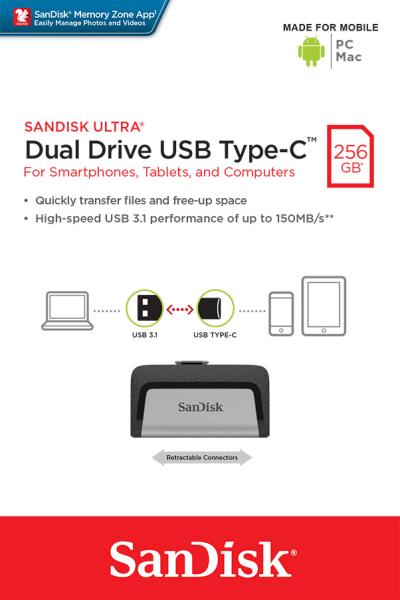 SanDisk Ultra Dual/ 256 GB/ USB 3.1/ USB-A + USB-C/ Sivá 