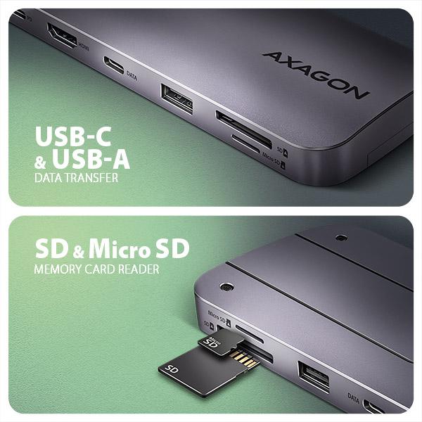 AXAGON HMC-6GM2, USB 10Gbps hub, USB-A, USB-C, HDMI, M.2 slot, SD/ MicroSD, PD 100W, kábel 20cm 