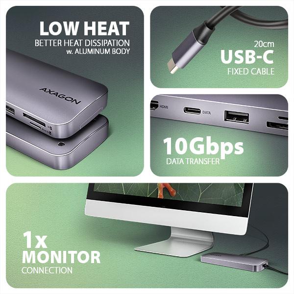 AXAGON HMC-6GM2, USB 10Gbps hub, USB-A, USB-C, HDMI, M.2 slot, SD/ MicroSD, PD 100W, kábel 20cm 