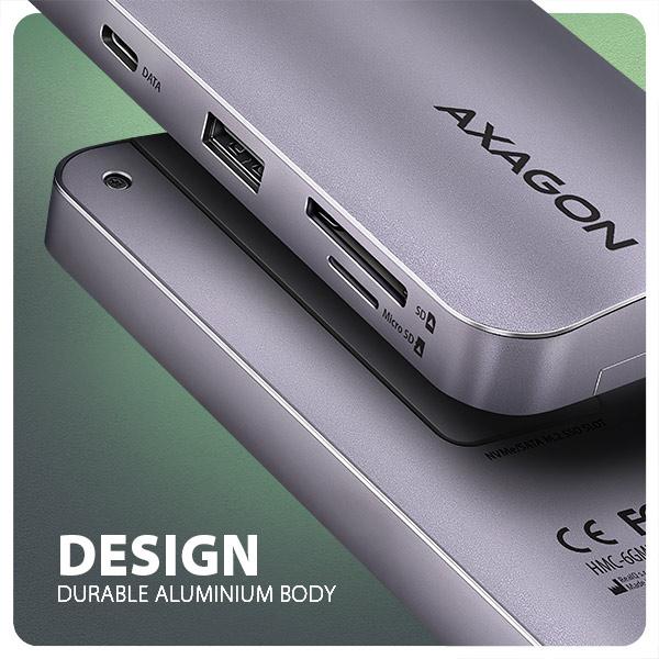 AXAGON HMC-6GM2, USB 10Gbps hub, USB-A, USB-C, HDMI, M.2 slot, SD/ MicroSD, PD 100W, kábel 20cm 
