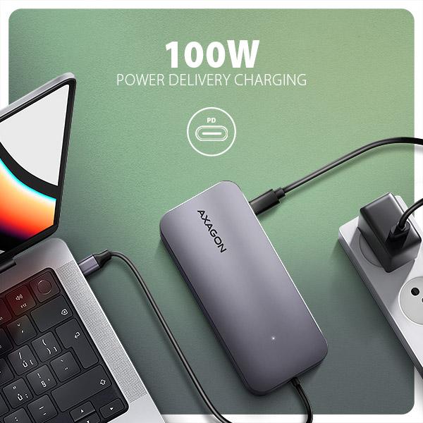 AXAGON HMC-6GM2, USB 10Gbps hub, USB-A, USB-C, HDMI, M.2 slot, SD/ MicroSD, PD 100W, kábel 20cm 
