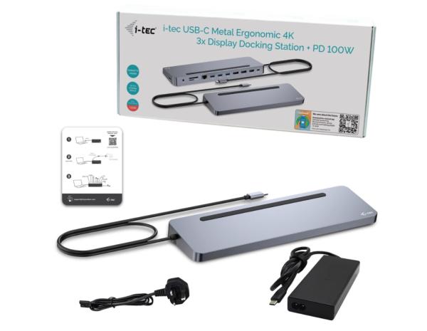 i-tec USB-C Metal Ergonomic 3x 4K Display Docking Station, PD100W + i-tec Universal Charger 100W 