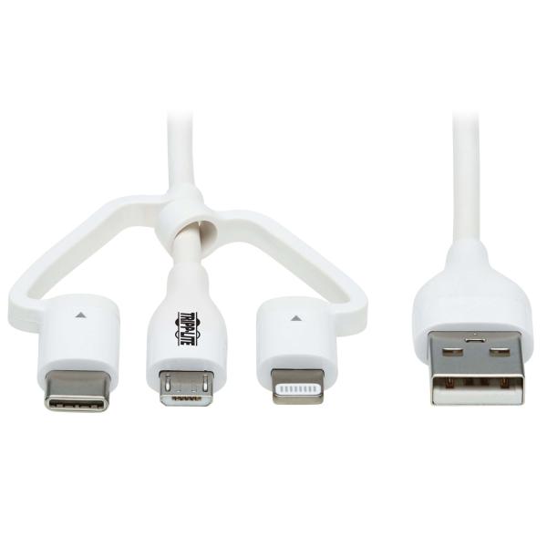 Tripplite Kábel USB-A/ Light.+Micro-B+USB-C, Synch/ Nabíjanie, MFi, Samec/ 3xSamec, Safe-IT Antib, biela, 1.2m