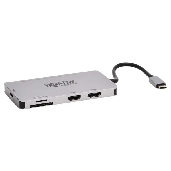 Tripplite Dokovacia stanica USB-C, 2x displej, 4K60Hz HDMI, USB 3.2 G1, USB-A, pamäť. karta, 100W PD, sivá