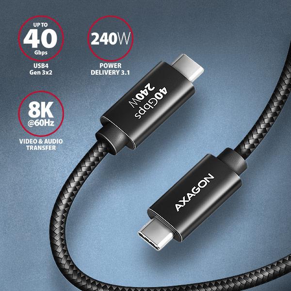 AXAGON BUCM4X-CM10AB NewGEN+ kábel USB-C <-> USB-C, 1m, USB4 Gen 3×2, PD 240W 5A, 8K HD, ALU, oplet 