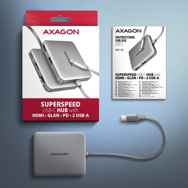 AXAGON HMC-5HL, USB 5Gbps hub, 2x USB-A, HDMI 4k/ 60Hz, RJ-45 GLAN, PD 100W, kábel USB-C 20cm 