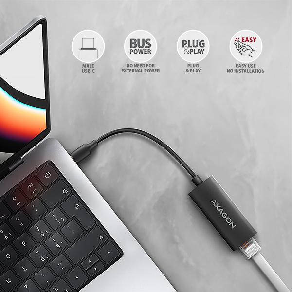 AXAGON ADE-ARC, USB-C 3.2 Gen 1 - Gigabit Ethernet sieťová karta, Realtek 8153, auto inštal 