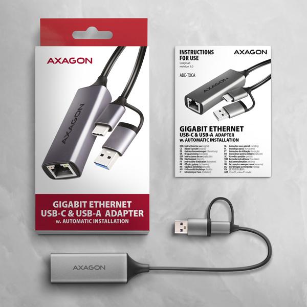 AXAGON ADE-TXCA, USB-C + USB-A 3.2 Gen 1 - Gigabit Ethernet sieťová karta, Asix AX88179, auto inštal 