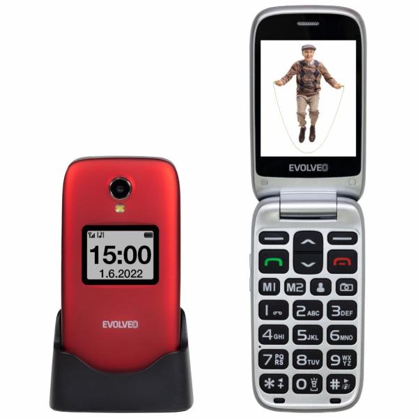 EVOLVEO EasyPhone FS, vyklápací mobilný telefón 2.8" pre seniorov s nabíjacím stojanom (červená farba