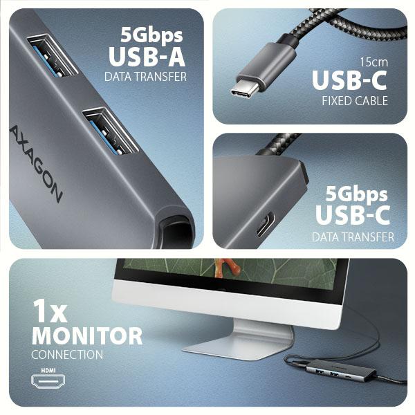 AXAGON HMC-5H8K, USB 5Gbps hub, 2x USB-A, USB-C, HDMI 8k/ 30Hz, PD 100W, kábel USB-C 15cm 