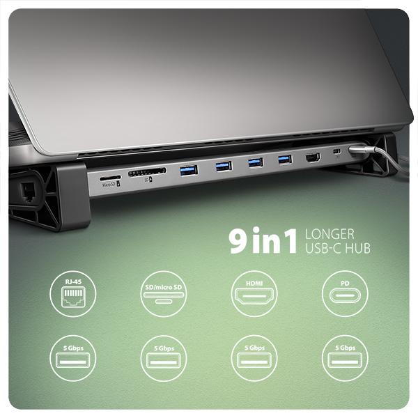 AXAGON HMC-10HLS, USB 5Gbps húb, 4x USB-A, HDMI 4k/ 60Hz, RJ-45 GLAN, SD/ mSD, PD 100W, kábel 25cm 