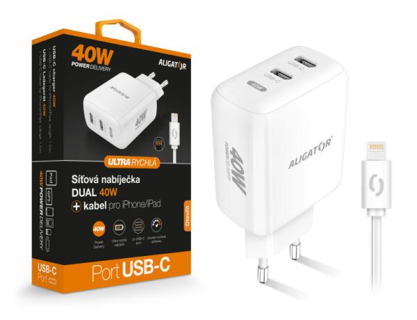 Chytrá síťová nabíječka ALIGATOR Power Delivery 40W, 2xUSB-C, USB-C kabel pro iPhone/ iPad, bílá