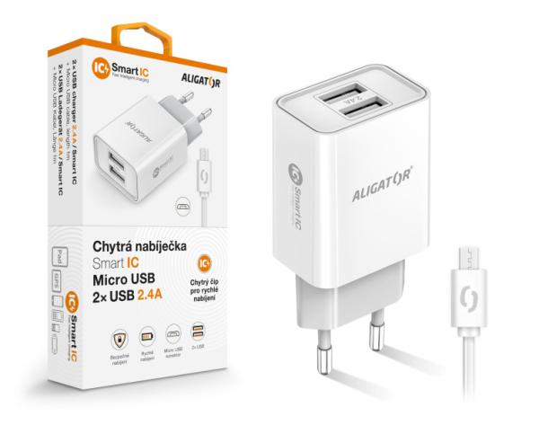 Múdra sieťová nabíjačka ALIGATOR 2, 4A, 2xUSB, smart IC, biela, micro USB kábel