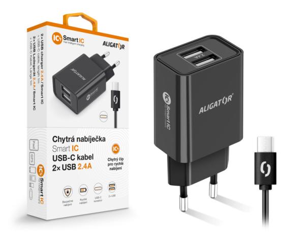Chytrá síťová nabíječka ALIGATOR 2, 4A, 2xUSB, smart IC, černá, USB-C kabel