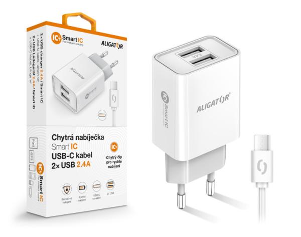 Múdra sieťová nabíjačka ALIGATOR 2, 4A, 2xUSB, smart IC, biela, USB-C kábel