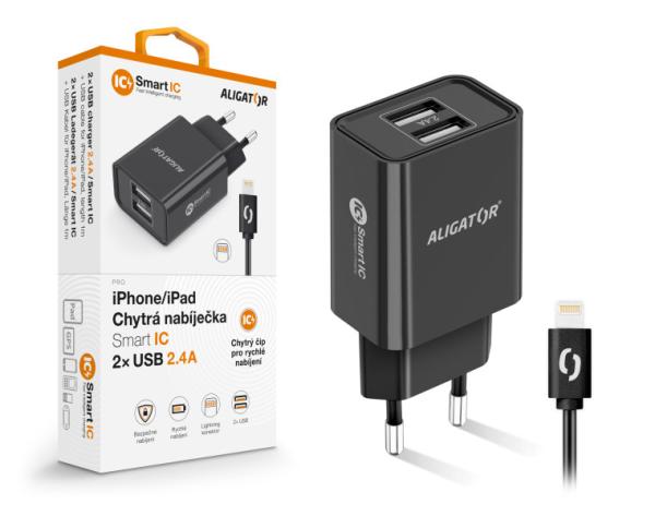 Chytrá síťová nabíječka ALIGATOR 2, 4A, 2xUSB, smart IC, černá, USB kabel pro iPhone/ iPad
