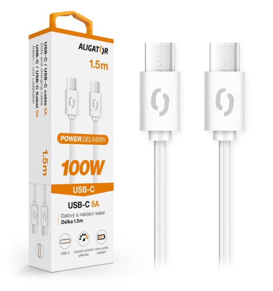 Datový kabel ALIGATOR POWER 100W, USB-C/ USB-C 5A, 1, 5m bílý