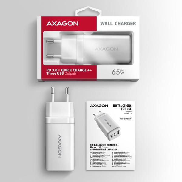 AXAGON ACU-DPQ65W, GaN nabíjačka do siete 65W, 3x port (USB-A + dual USB-C), PD3.0/ QC4+/ PPS/ Apple 