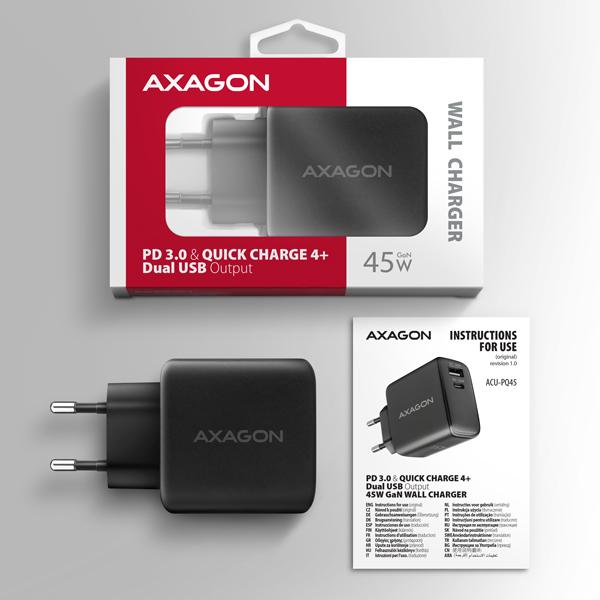 AXAGON ACU-PQ45 GaN nabíjačka do siete 45W, 2x port (USB-A + USB-C), PD3.0/ PPS/ QC4+/ SFC 2.0/ AFC/ Apple 