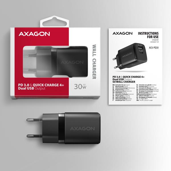 AXAGON ACU-PQ30 Síl nabíjačka do siete 30W, 2x port (USB-A + USB-C), PD3.0/ PPS/ QC4+/ SFC/ AFC/ Apple 